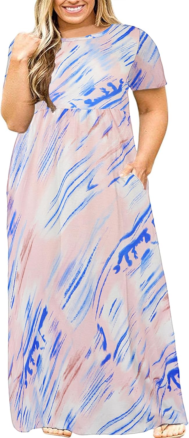 Kancystore Women's Short Sleeve Plus Size Maxi Dress with Pockets Loose Casual Summer Dresses