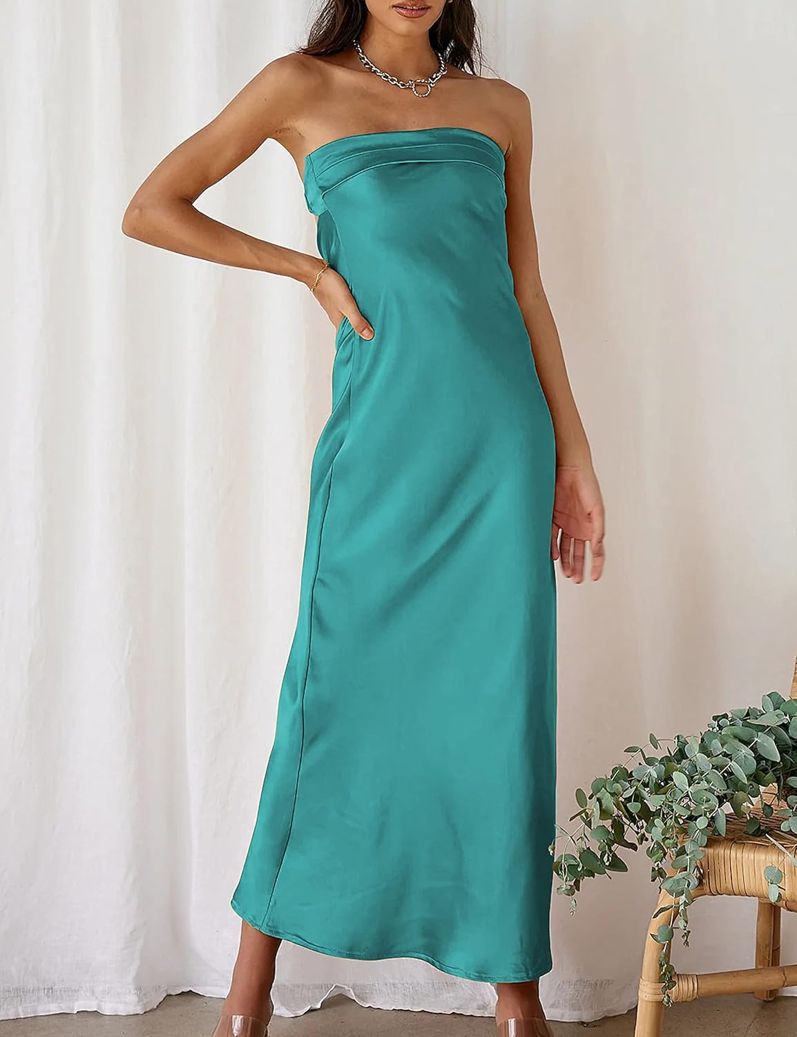 Realtix Satin Silk Backless Tube Tops Maxi Dress for Women Low Back Hollow Out Elegant Strapless Long Dresses Wedding Guest