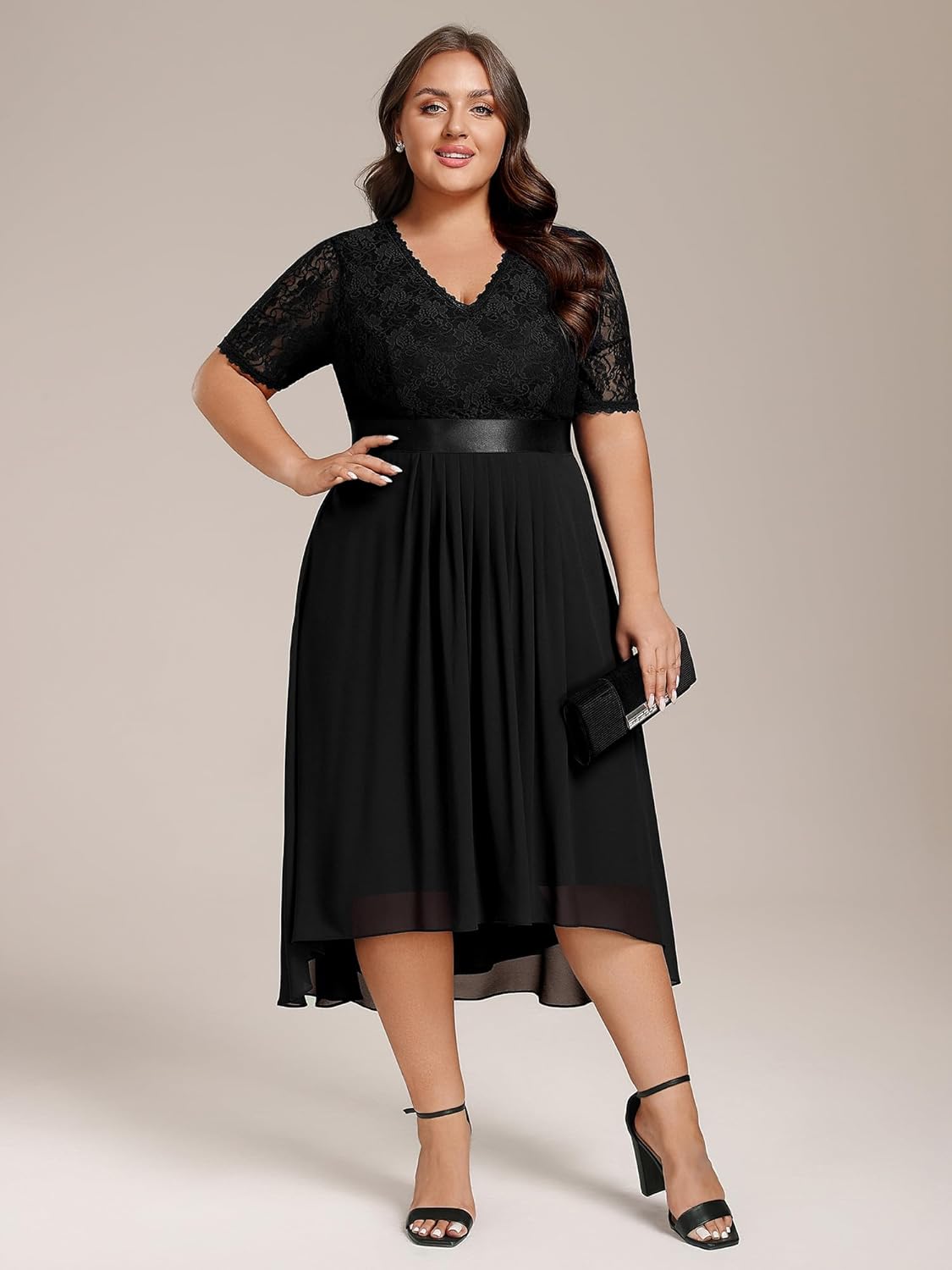 Ever-Pretty Women's V Neck Pleated A Line Lace Chiffon Half Sleeves Midi Plus Size Cocktail Wedding Guest Dresses