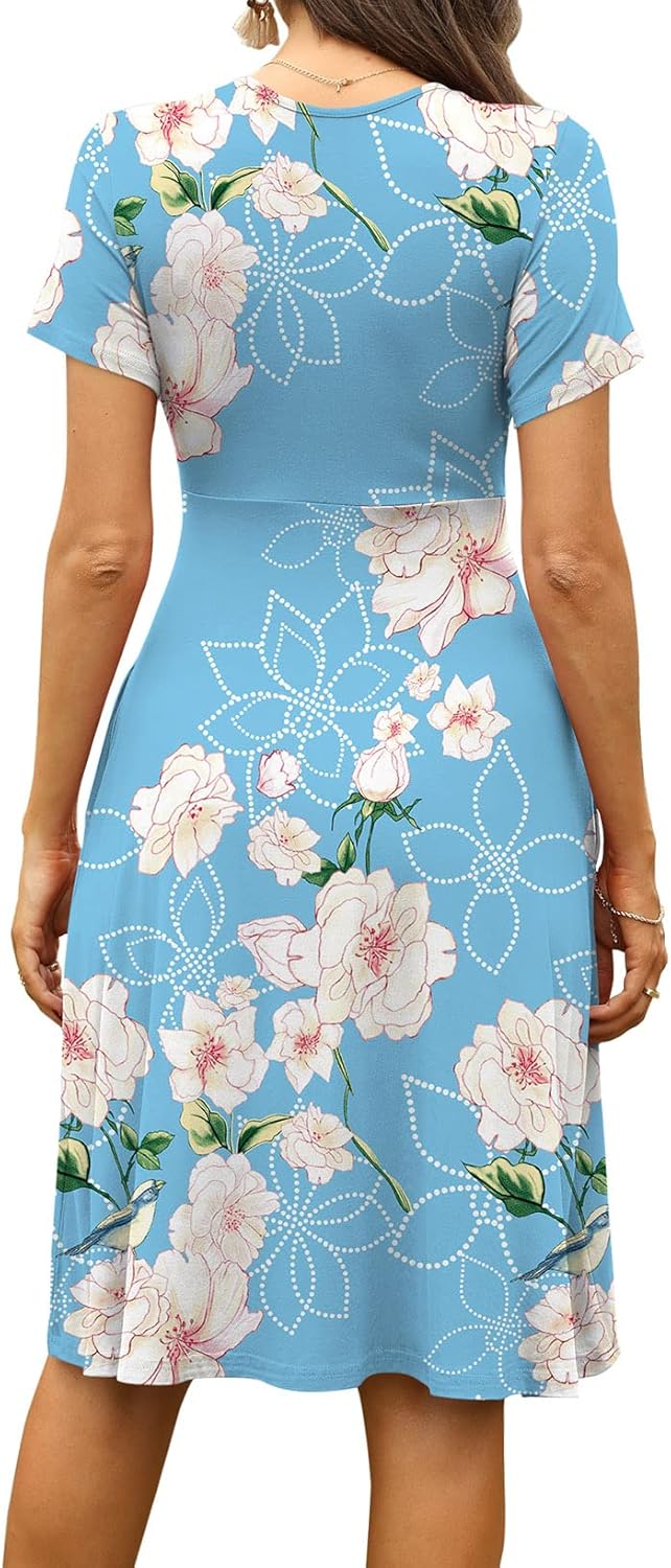 WEACZZY Women's Summer Short Sleeve Casual Dresses V-Neck Floral Party Dress with Pockets