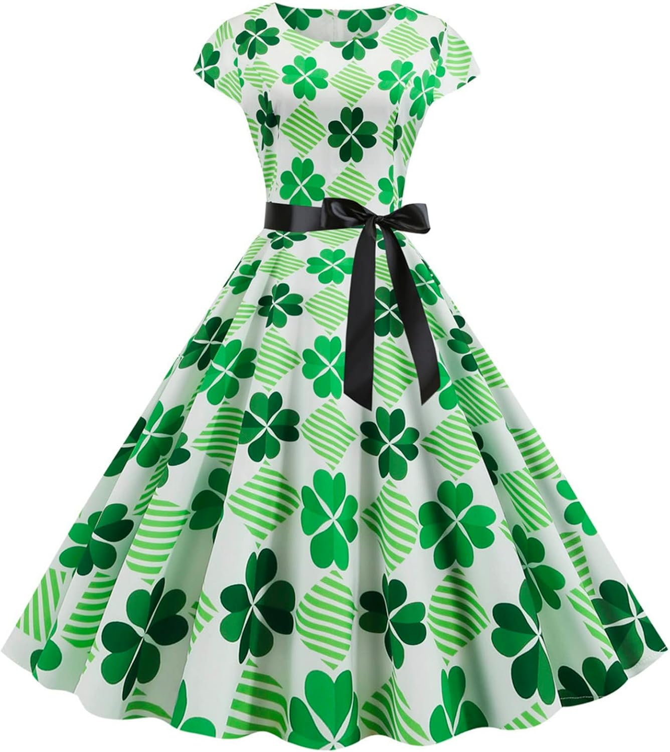 aihihe St Patricks Day Dress for Women A Line Pleated Hepburn Dress Lukcy Shamrock Print Irish Dress 2024 Vintage Dress