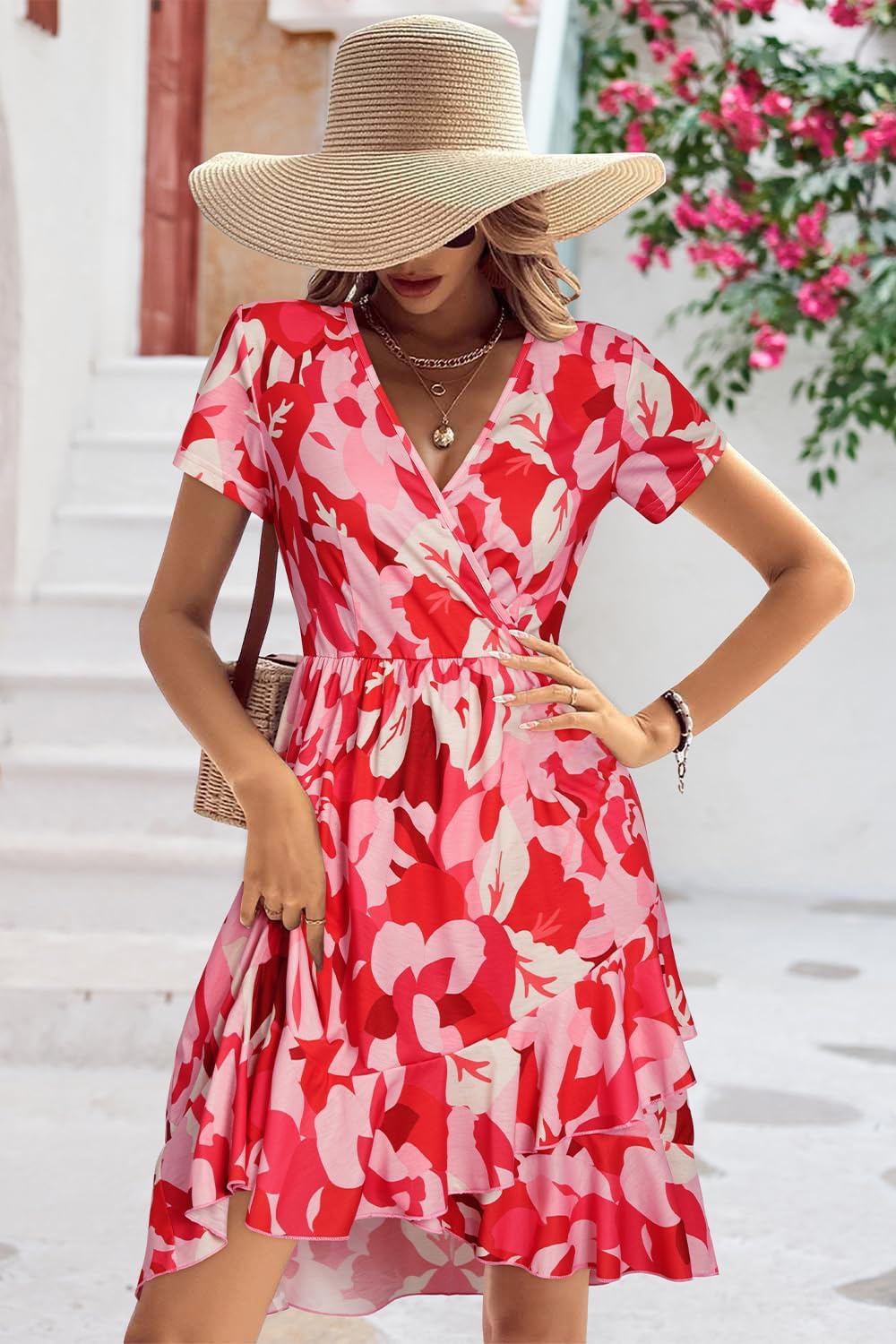 ULTRANICE Womens Summer Dresses Floral V Neck Ruffled Hem Spaghetti Spring Casual Beach Outfits Flowy Wrap Sun Dress