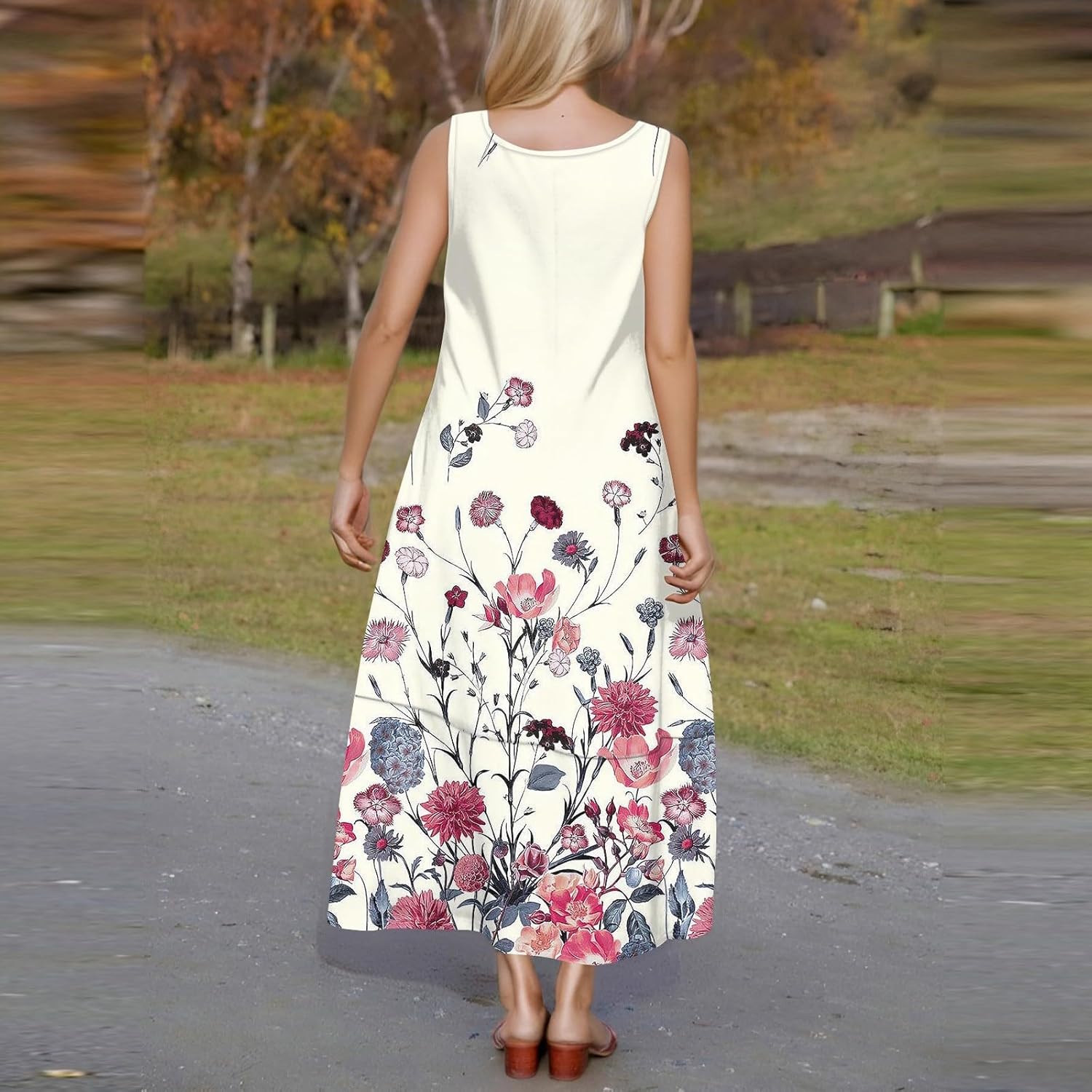 Womens Summer Tank Dress Vacation Boho Floral Long Dresses with Pockets Resort Wear Swing Beach Sleeveless Sundress