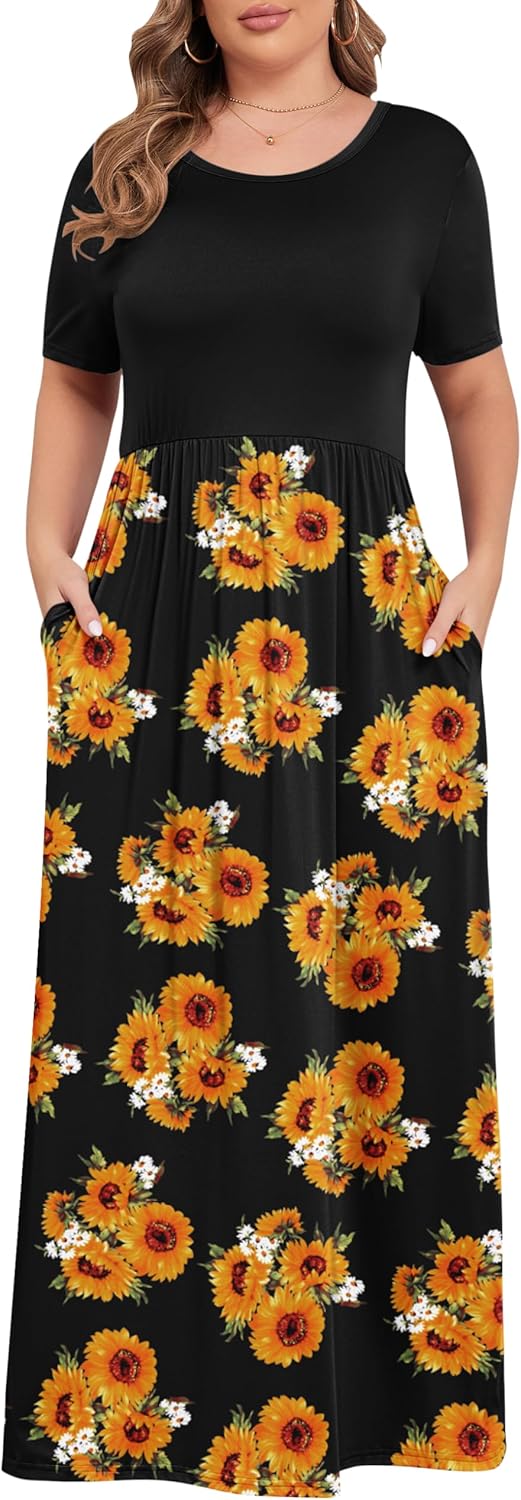 KARALIN Women’s Plus Size Maxi Dresses for Curvy Women Summer Casual Short Sleeve 2025 Long Dress 14W-26W