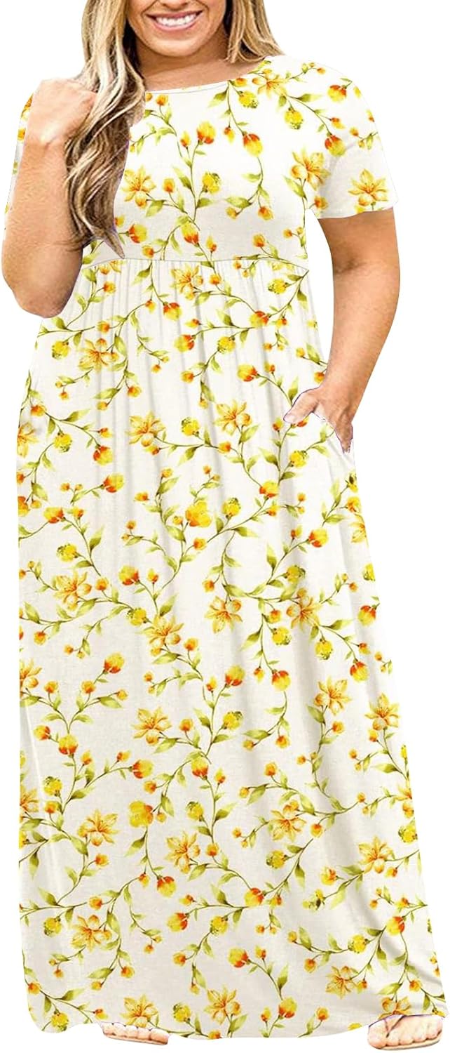 Kancystore Women's Short Sleeve Plus Size Maxi Dress with Pockets Loose Casual Summer Dresses