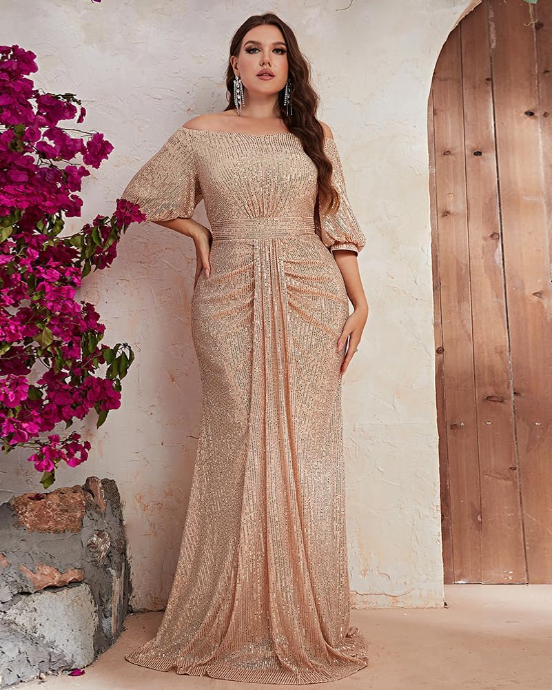 Women's Plus Size Off Shoulder Puff Sleeve Sequin Formal Maxi Dress Evening Party Gowns