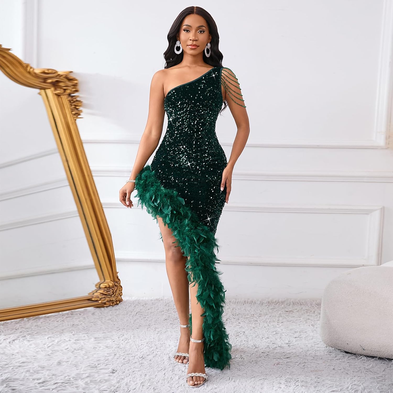 Cololura Women Sequin Elegant Sexy Tassels One Shoulder Mermaid Bodycon Cocktail Evening Midi Party Formal Dress