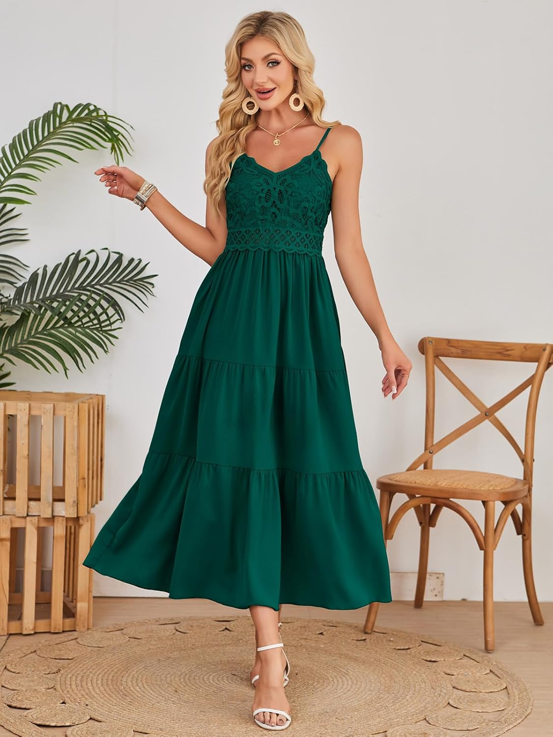 Dokuritu Women's Beach Crochet Lace Maxi Dress Solid Color Summer Vacation Spaghetti Strap Long Dress 2024