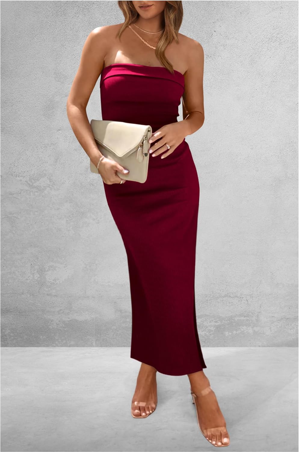 PRETTYGARDEN Women's Summer Bodycon Maxi Tube Dress Ribbed Strapless Side Slit Long Going Out Casual Elegant Party Dresses