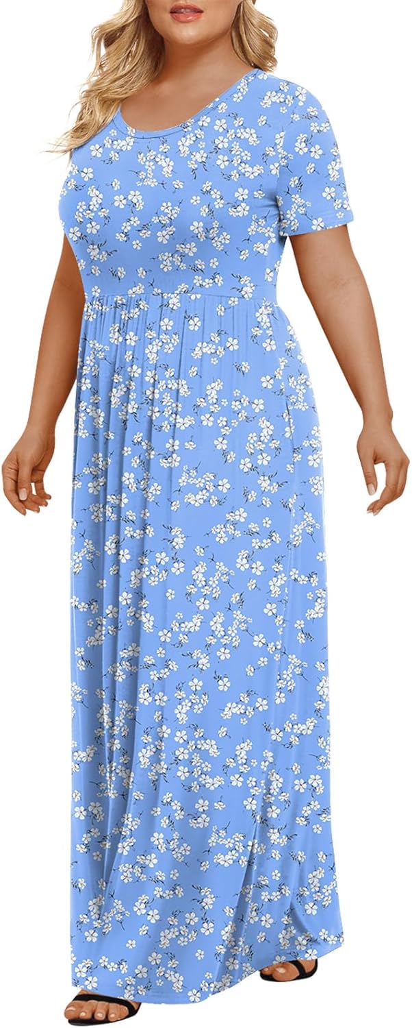 LONGYUAN Women's Plus Size Maxi Dresses for Curvy Women Summer Short Sleeve Casual 2025 Long Dress XL-6XL