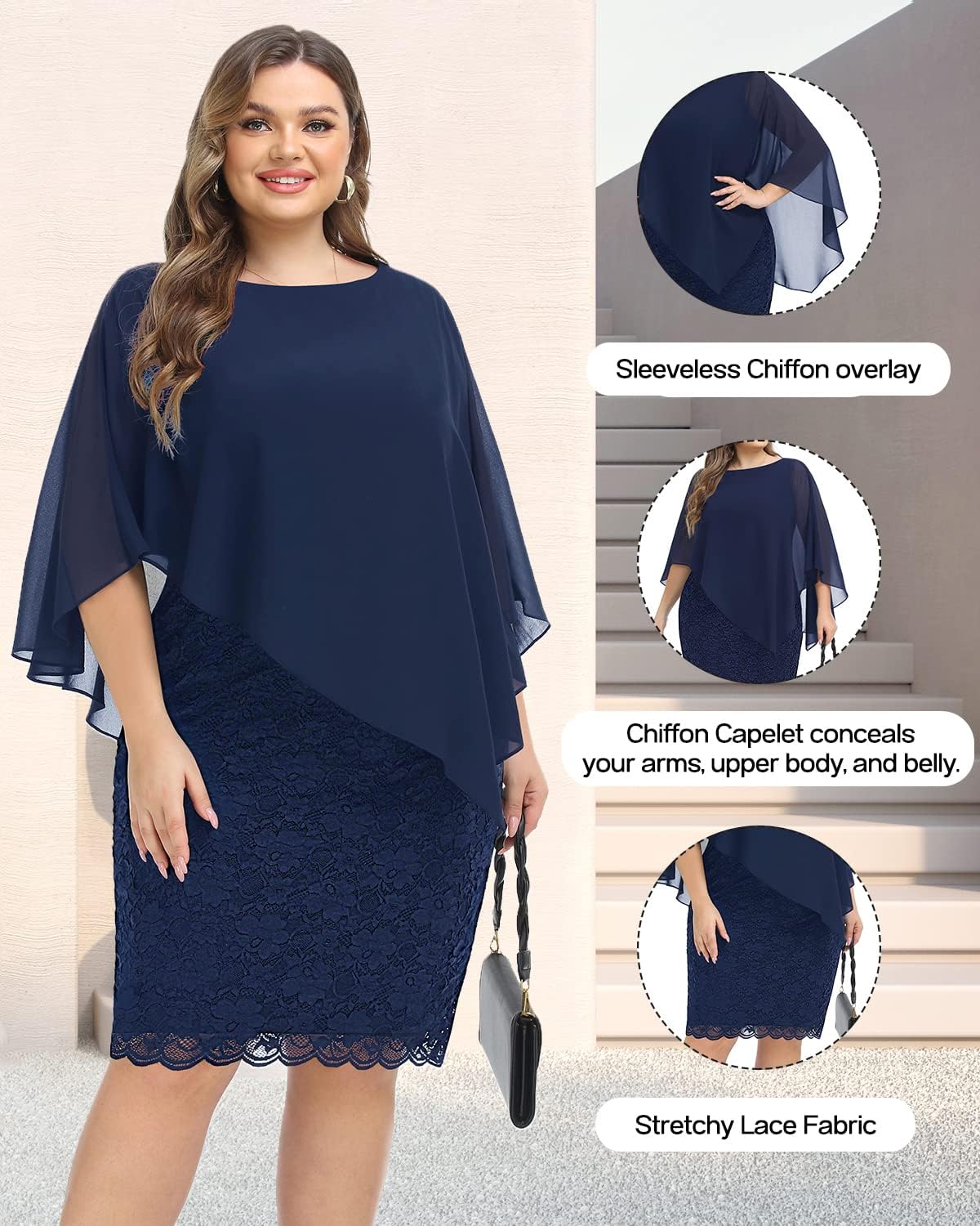 Plus Size Dresses Wedding Guest - Mother Bride Semi Formal Lace Cape with Chiffon Overlay Dresses