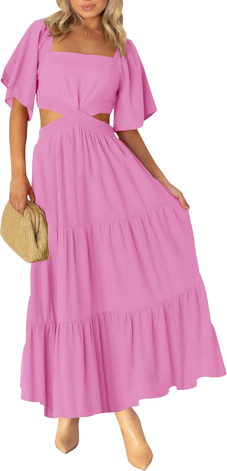 LEANI Women's 2025 Summer Cutout Maxi Dress Square Neck Short Sleeve Crossover Waist Casual Party Dresses