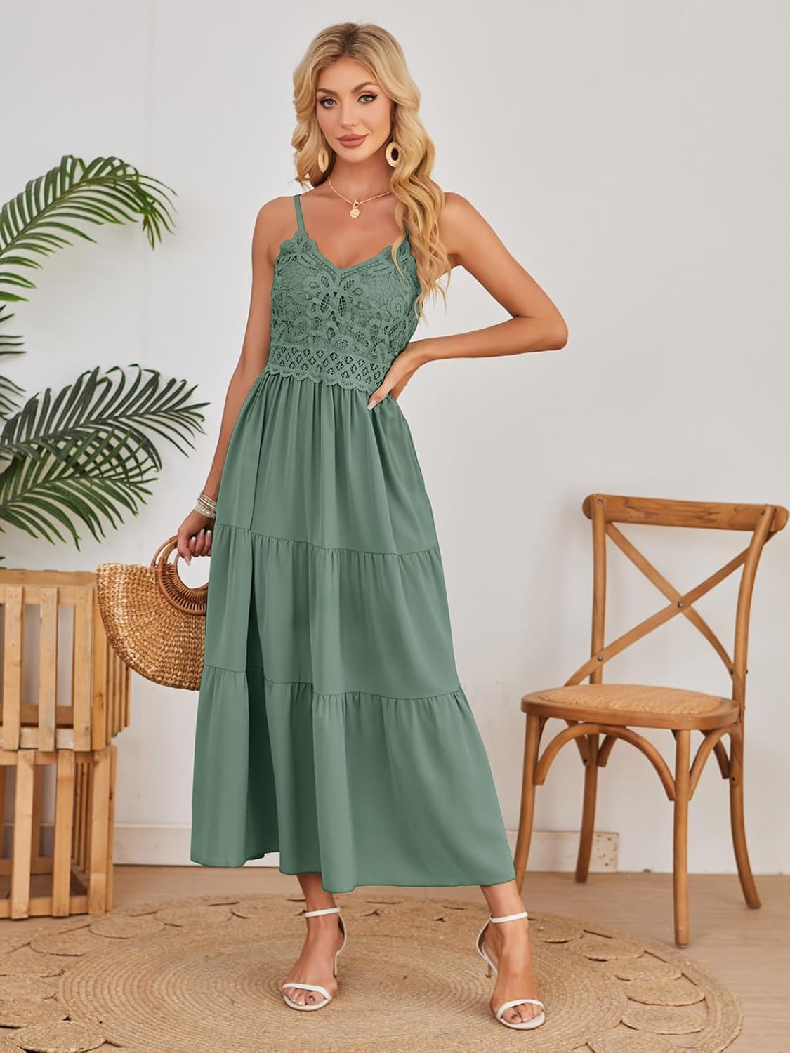 Dokuritu Women's Beach Crochet Lace Maxi Dress Solid Color Summer Vacation Spaghetti Strap Long Dress 2024