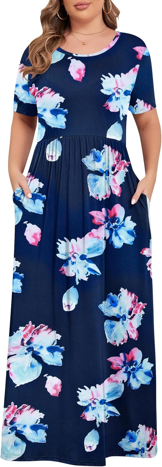 KARALIN Women’s Plus Size Maxi Dresses for Curvy Women Summer Casual Short Sleeve 2025 Long Dress 14W-26W