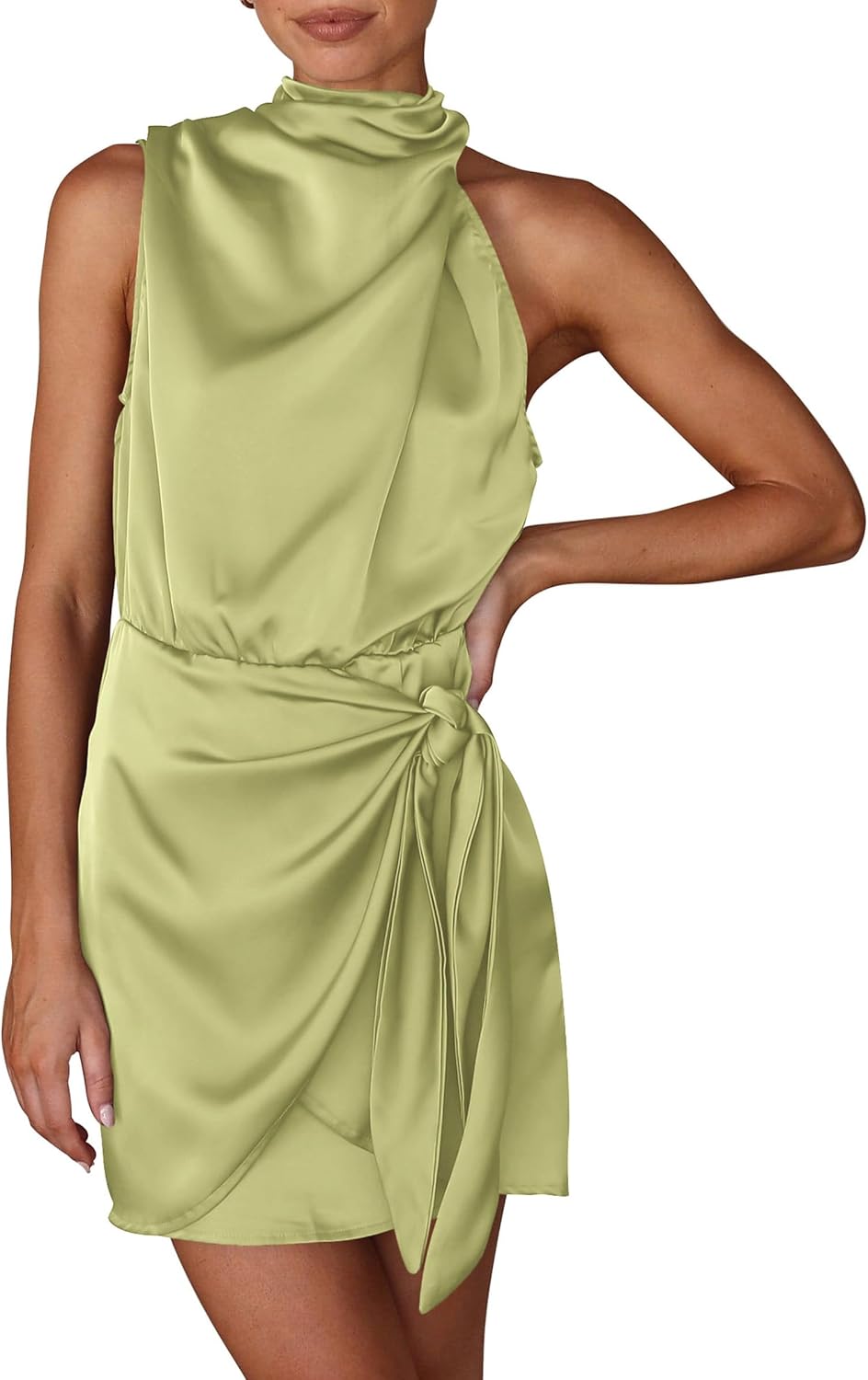 PRETTYGARDEN Women's Short Formal Satin Dress Summer Sleeveless Mock Neck Tie Waist Cocktail Party Dresses