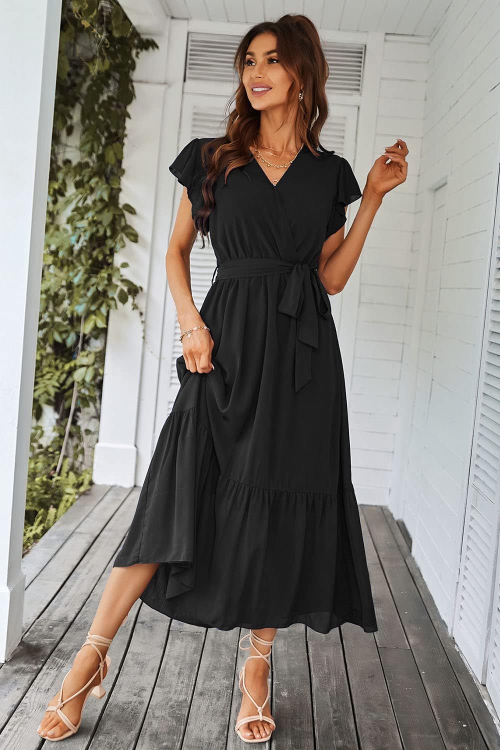 PRETTYGARDEN Women's Summer Floral Boho Dress Wrap V Neck Short Sleeve Ruffle A-Line Flowy Maxi Wedding Guest Dresses
