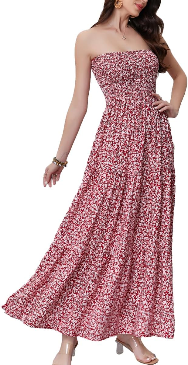 Women's Summer Strapless Tube Top Maxi Dresses Off Shoulder Boho Beach Long Dress