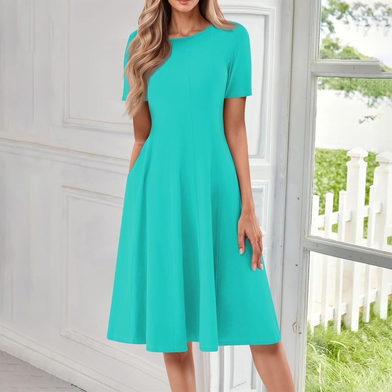 Summer Dresses for Women 2025 Crew Neck Short Sleeve Boho Beach Vacation Floral/Solid Midi Sundresses with Pockets