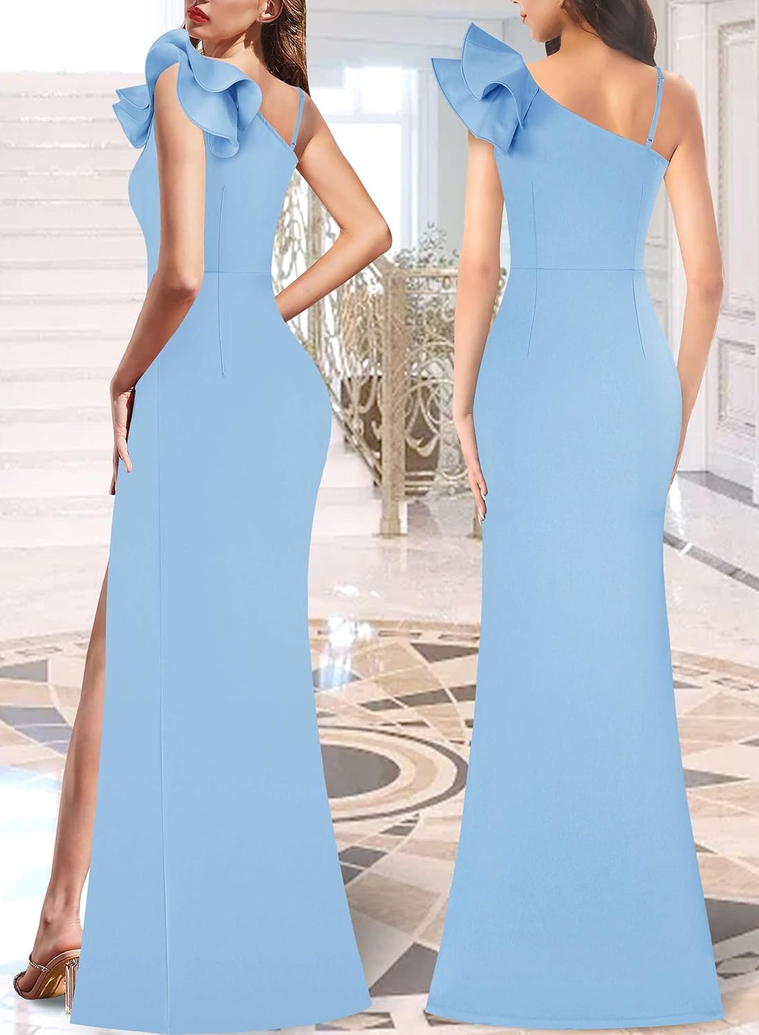 VFSHOW Womens Ruffle One Shoulder Strap Ruched Formal Prom Wedding Maxi Dress V Neck Elegant Split Cocktail Evening Long Gown