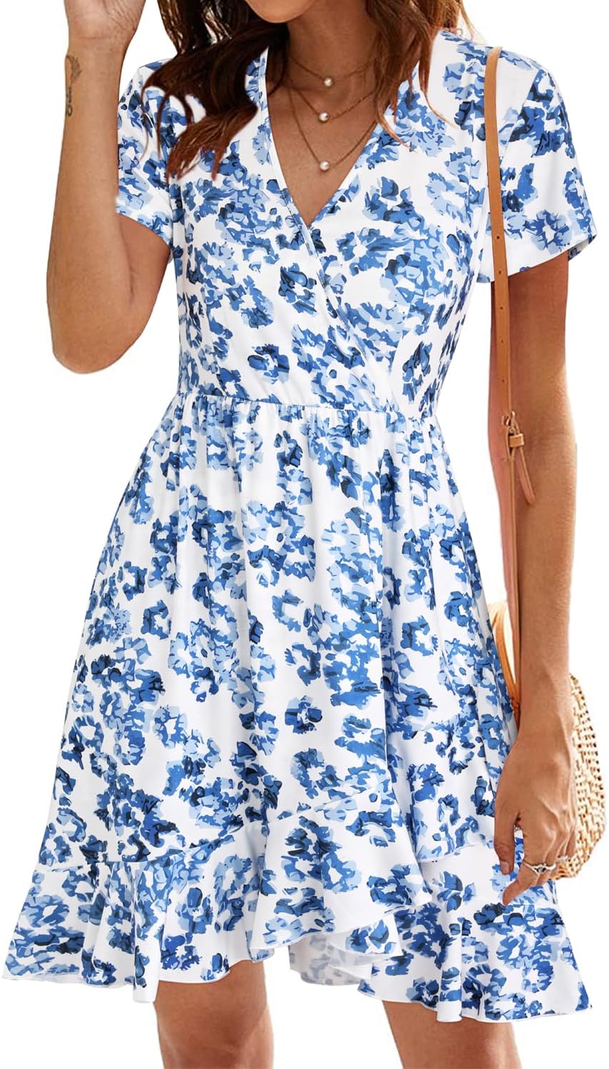 ULTRANICE Womens Summer Dresses Floral V Neck Ruffled Hem Spaghetti Spring Casual Beach Outfits Flowy Wrap Sun Dress