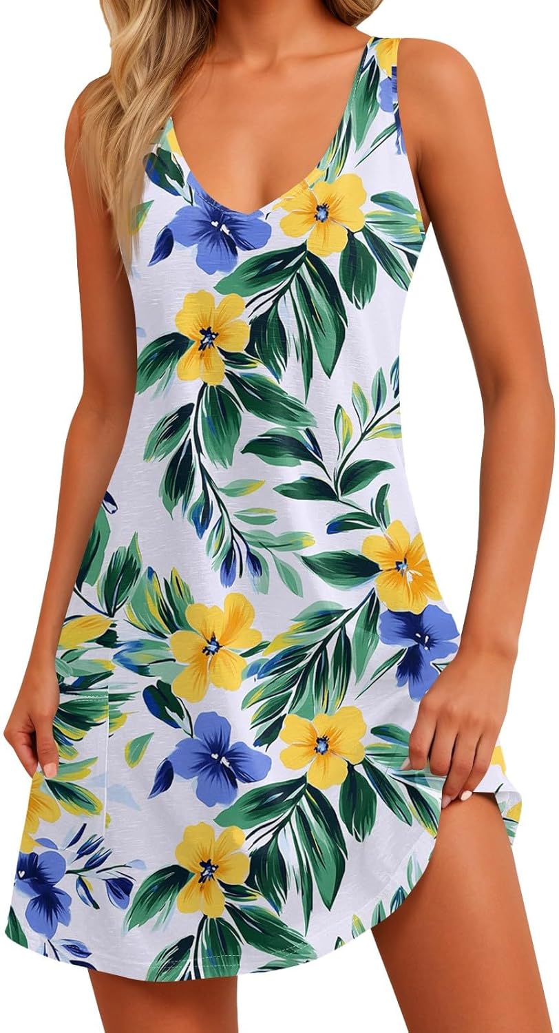 NBXNZWF Women Summer Casual Dress 2025 Casual Loose Sleeveless V-Neck Sundresses A Line Tshirt Beach Dresses with Pockets