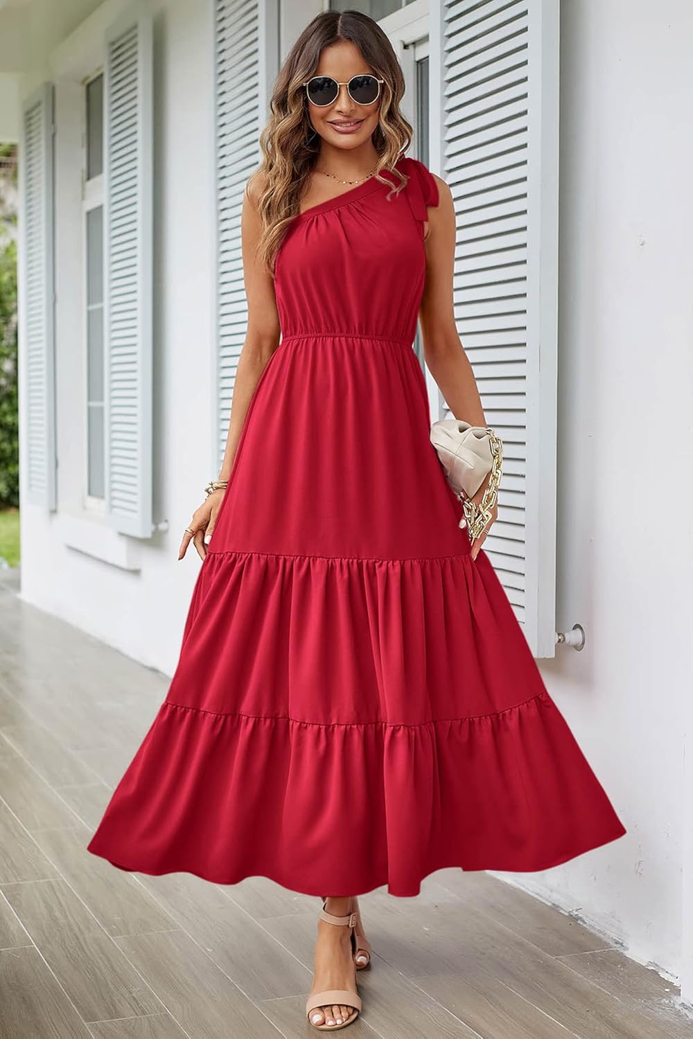 PRETTYGARDEN Women's Summer Floral Maxi Dress Knot One Shoulder Sleeveless Ruffle Flowy Boho Beach Wedding Guest Dresses