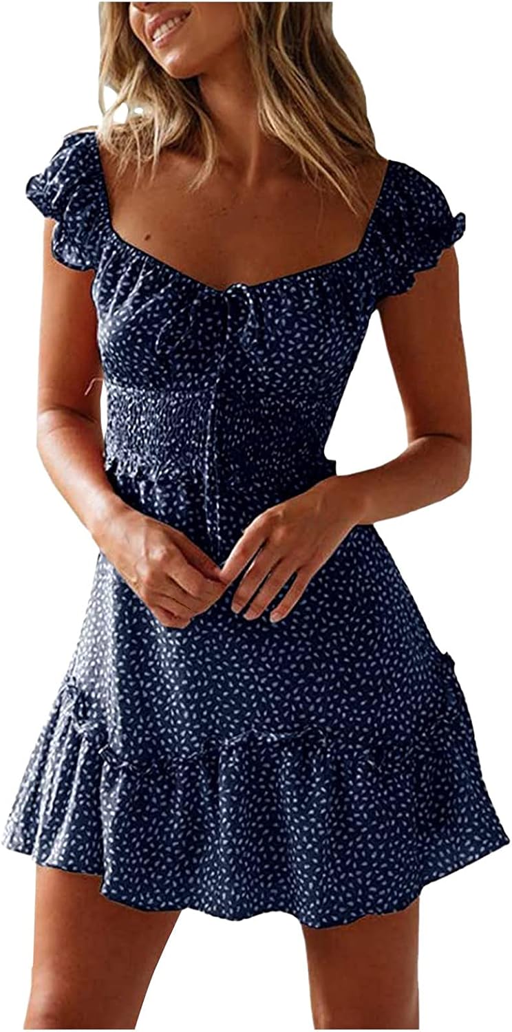 iQKA Women Short Mini Dress Summer Bohemian Floral Print Short Sleeve Square Neck Sexy Babydoll Dresses S-3XL