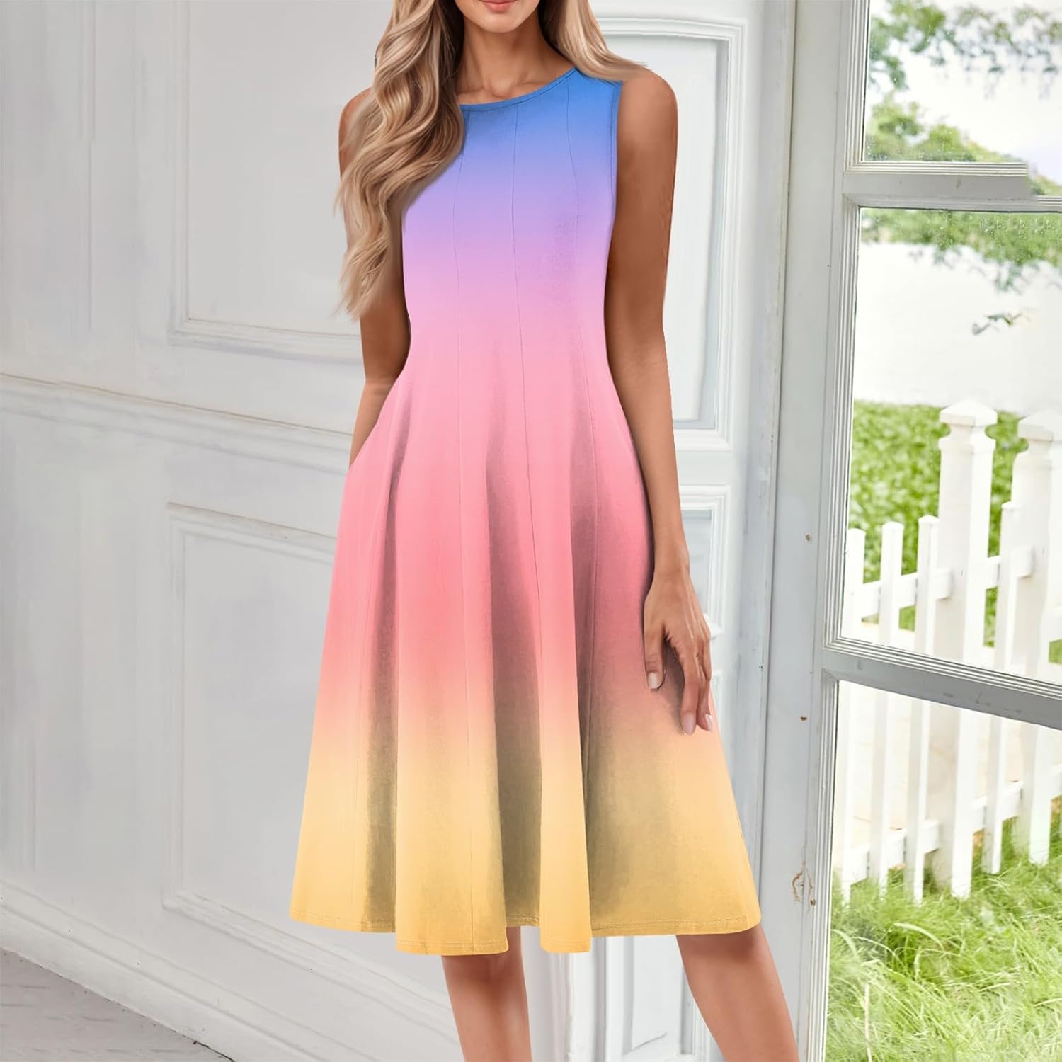 Womens Tank Sundress 2025 Casual Floral Print Tshirt Dress Swing Sleeveless Midi Dress Crewneck Pleated Summer Dresses