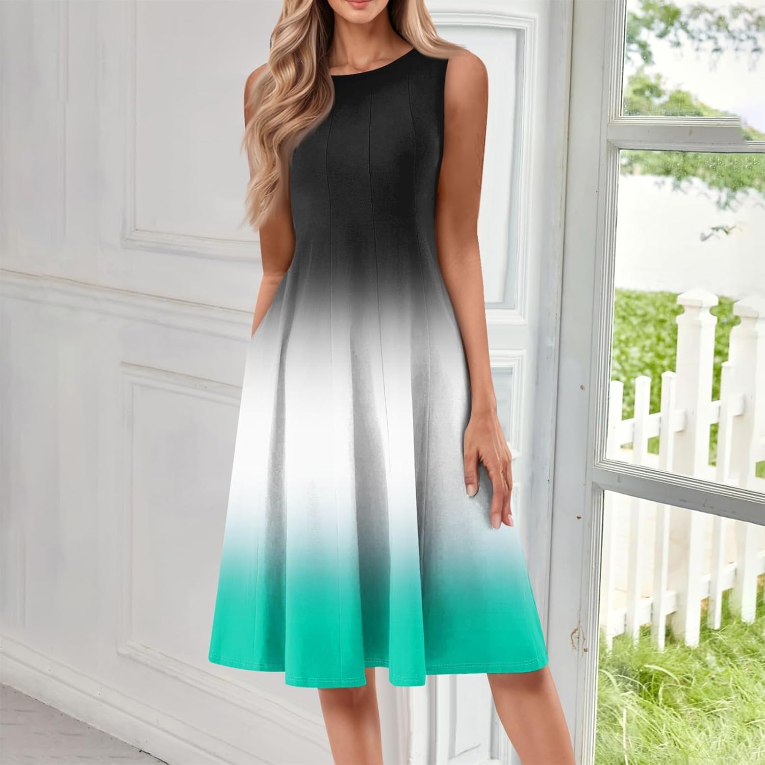 Womens Tank Sundress 2025 Casual Floral Print Tshirt Dress Swing Sleeveless Midi Dress Crewneck Pleated Summer Dresses