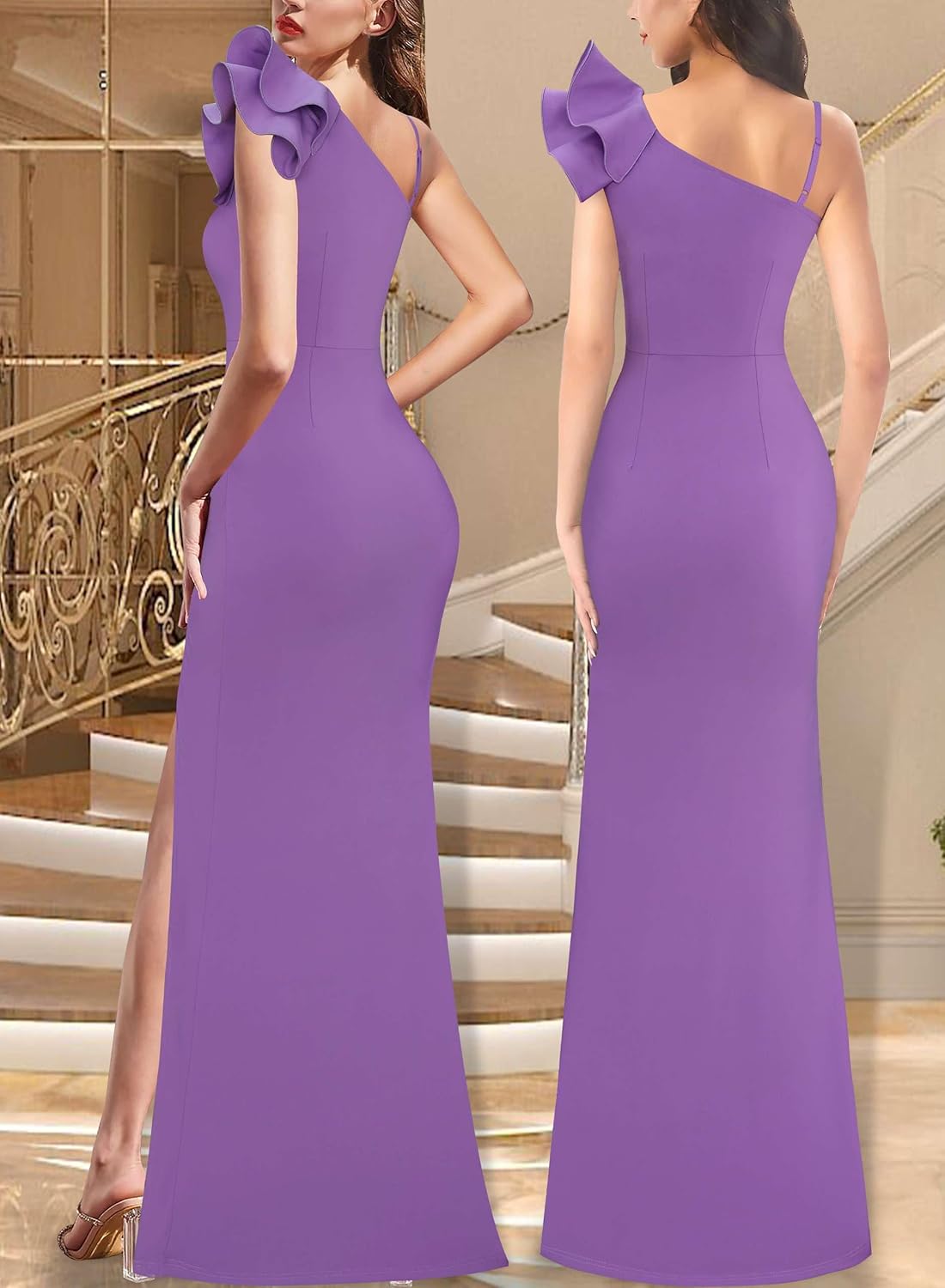 VFSHOW Womens Ruffle One Shoulder Strap Ruched Formal Prom Wedding Maxi Dress V Neck Elegant Split Cocktail Evening Long Gown