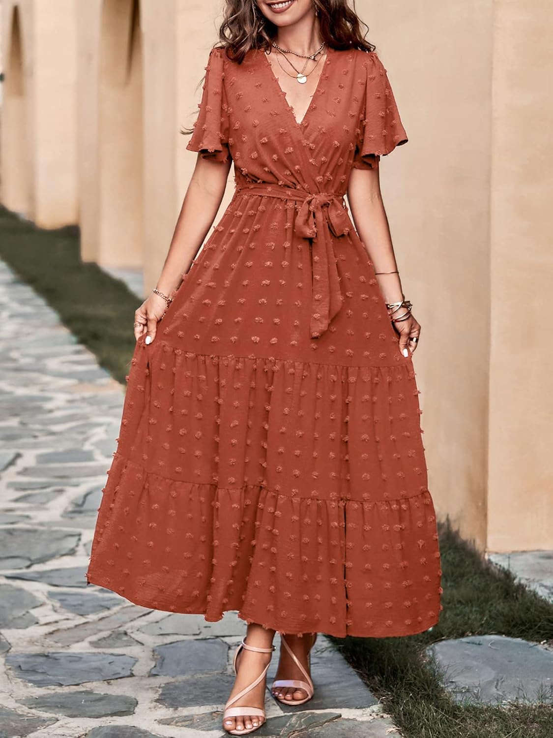 MASCOMODA Womens Boho Swiss Dot Maxi Dresses Wrap V Neck Flutter Short Sleeve Solid Tie Belt A Line Tiered Flowy Long Dress