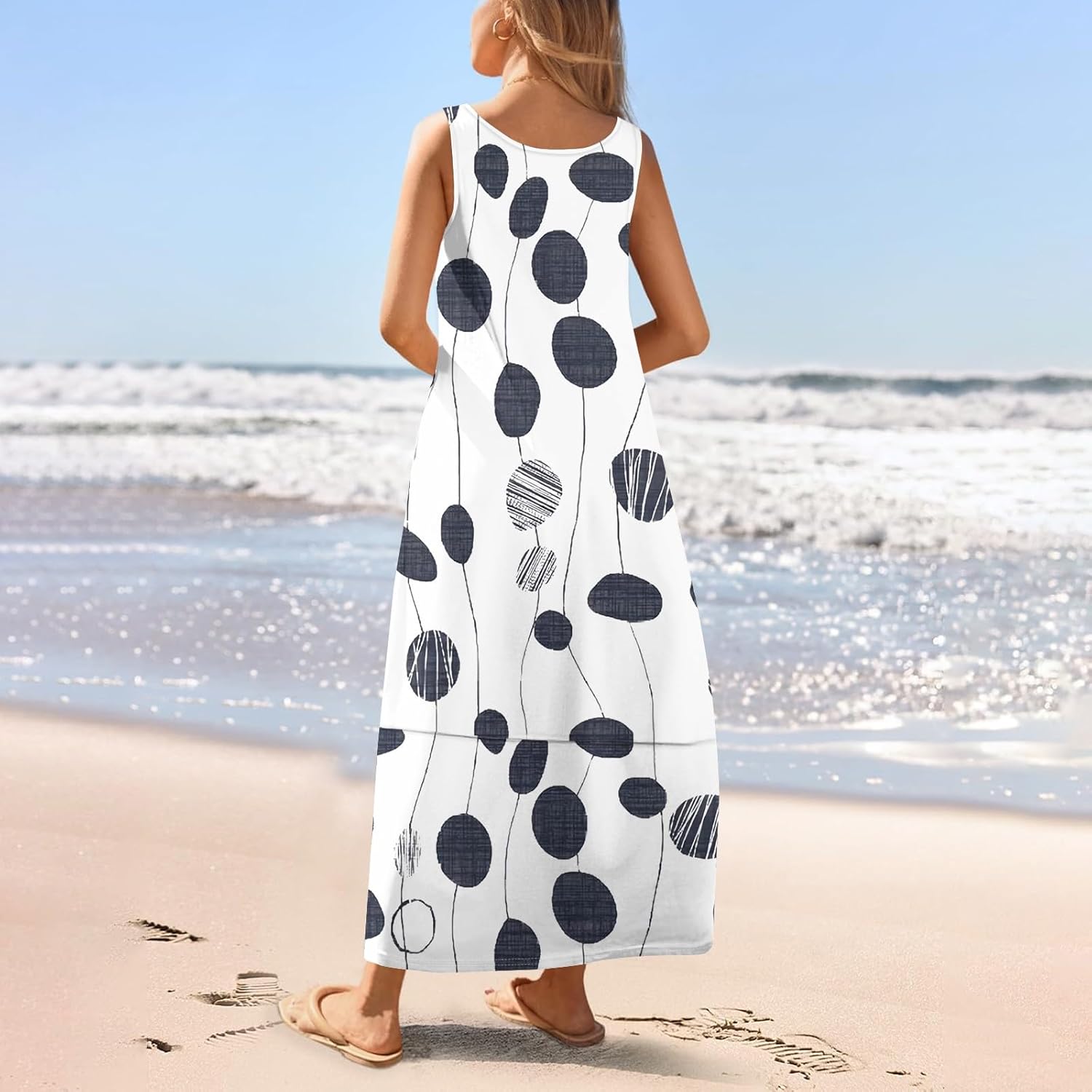 Womens Summer Tank Dress Vacation Boho Floral Long Dresses with Pockets Resort Wear Swing Beach Sleeveless Sundress