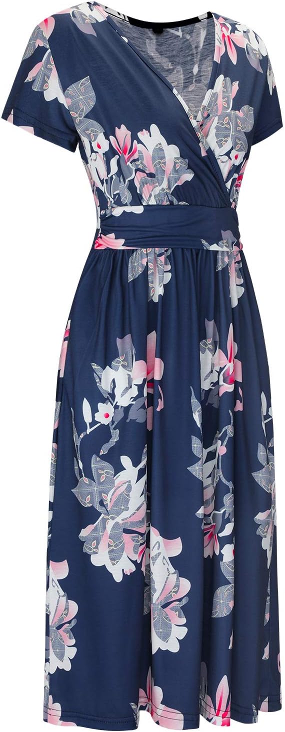 OUGES Women's Summer Short Sleeve V-Neck Floral Short Party Dress with Pockets