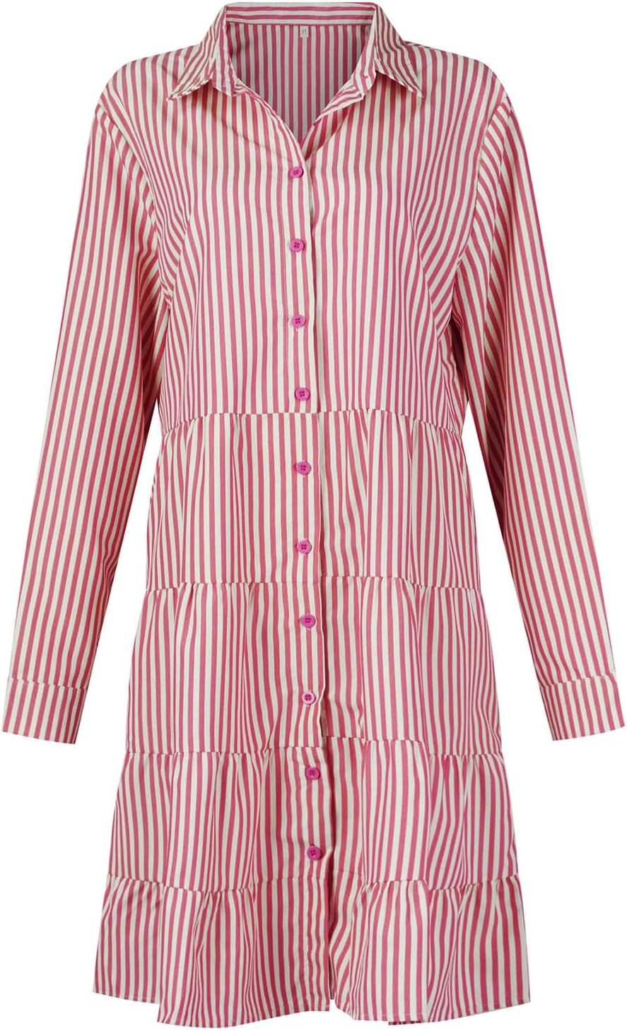 Button Down Dress for Women Summer Casual Striped Long Sleeve V Neck Lapel Dresses Loose Ruched Party Midi Dress 2025