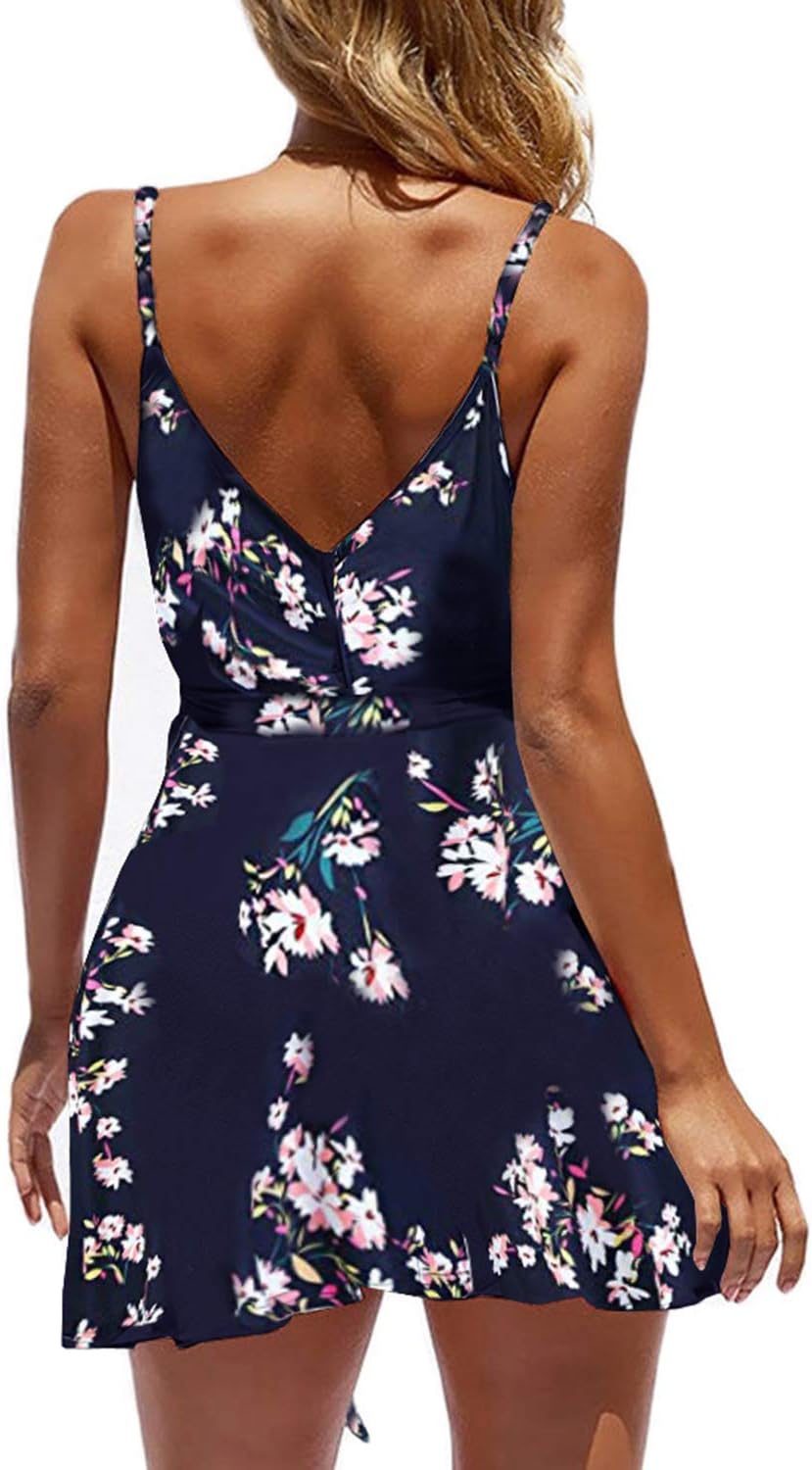 ECOWISH Summer Dresses for Women 2025 V-Neck Spaghetti Strap Bowknot Backless Sleeveless Lace Mini Swing Skater Dress