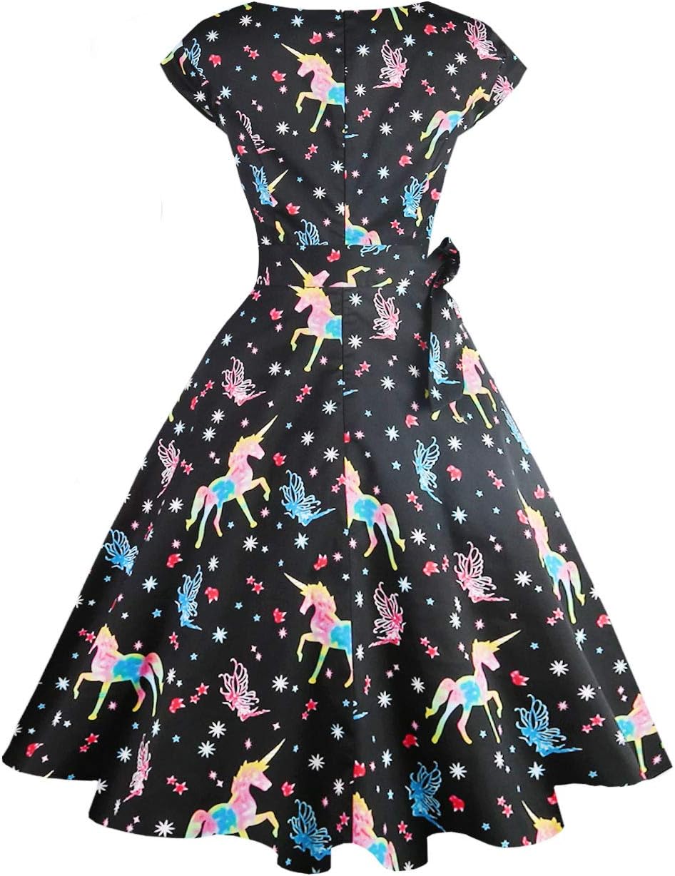 PUKAVT Women's 1950 Boatneck Cap Sleeve Vintage Swing Cocktail Party Dress with Pockets