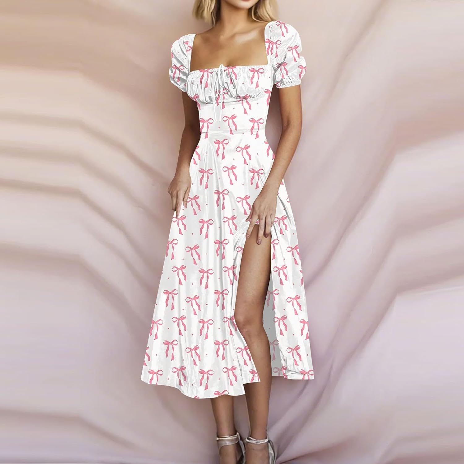 Women's Sundresses 2025 Summer Casual Loose Trendy Bubble Sleeve Square Neck Split Bow Floral Print Dress Plus Size, XS-3XL