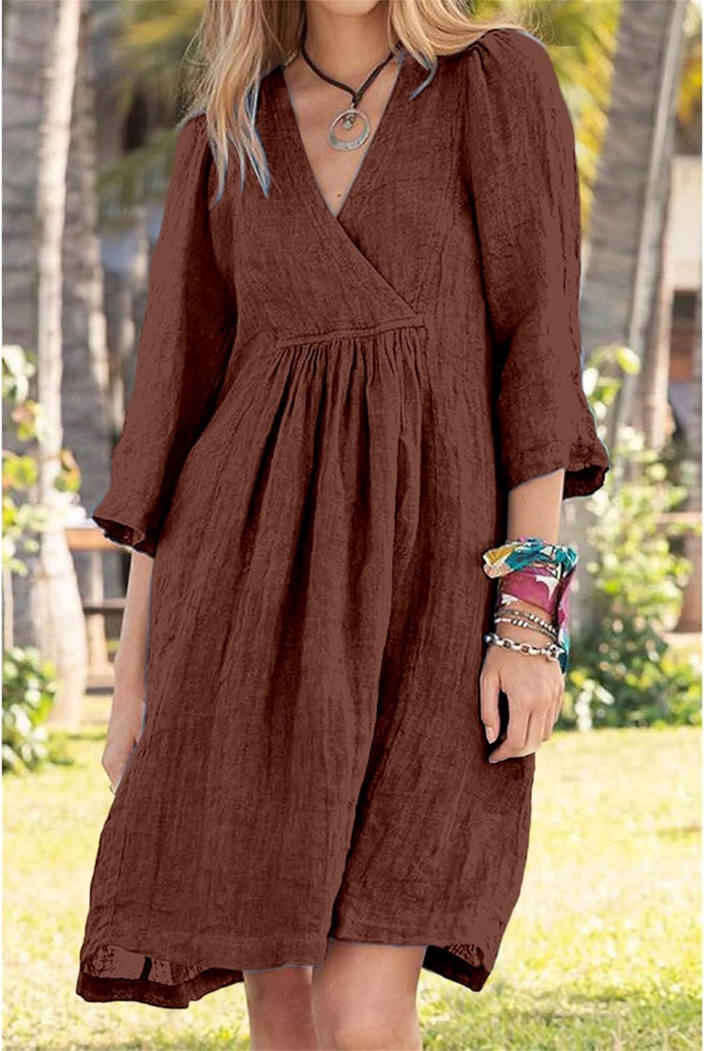 Womens Linen Dress Summer Casual A-line Dresses 3/4 Sleeve Knee Length Ruched Midi Dress V Neck Shift Dresses 2025