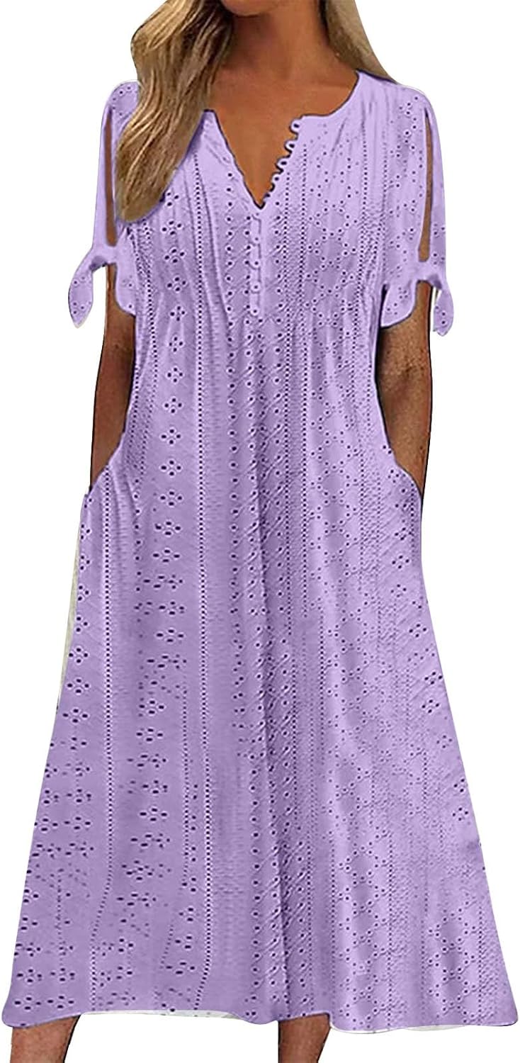 ZYXTIM Womens Eyelet Dress V Neck Short Sleeve Hollow Out Summer Beach Vacation Dresses Swing A Line Vintage Long Dresses