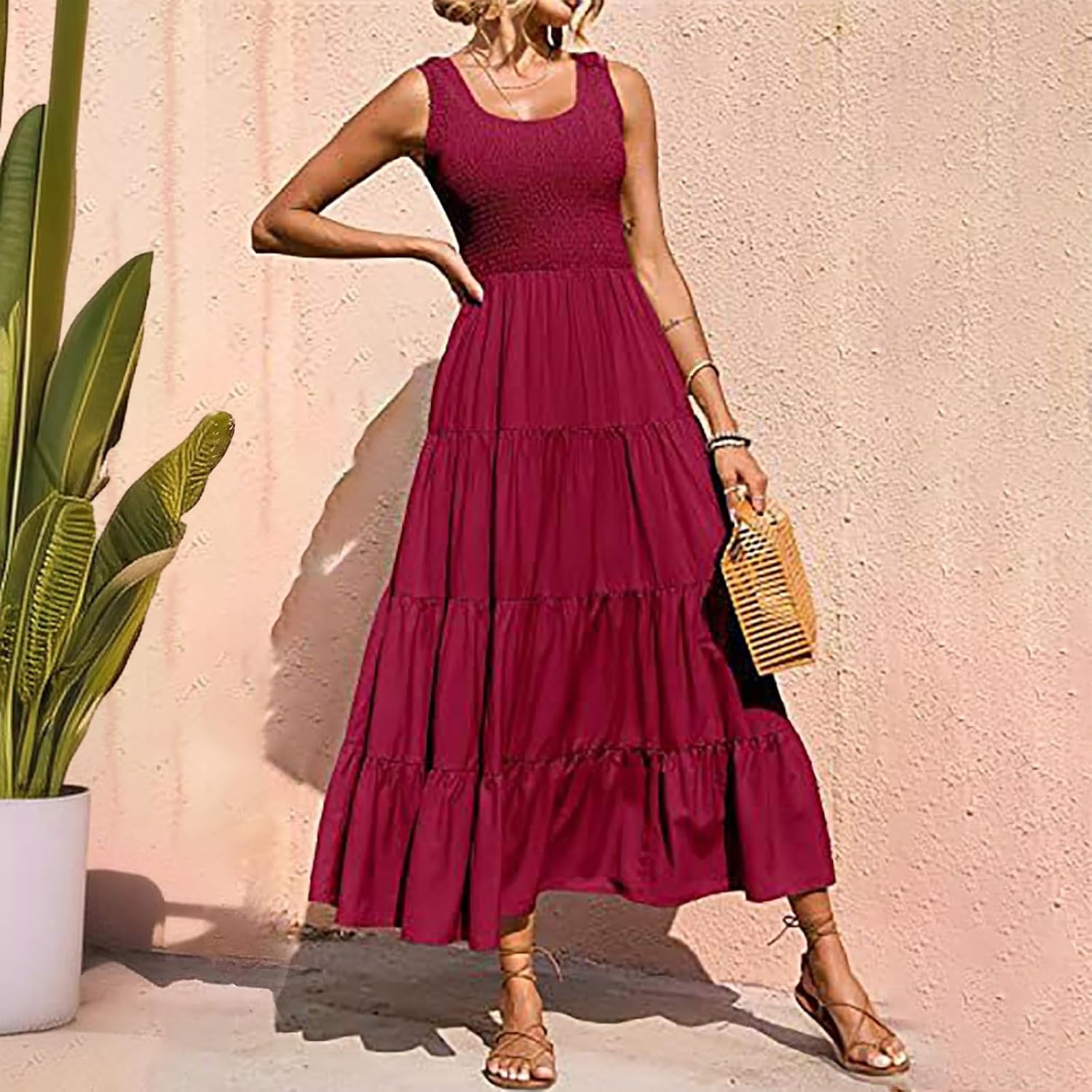 Women Summer Sleeveless Dressees Boho Maxi Dress Casual Smocked Square Neck Sundress a Line Beach Wedding Dresses