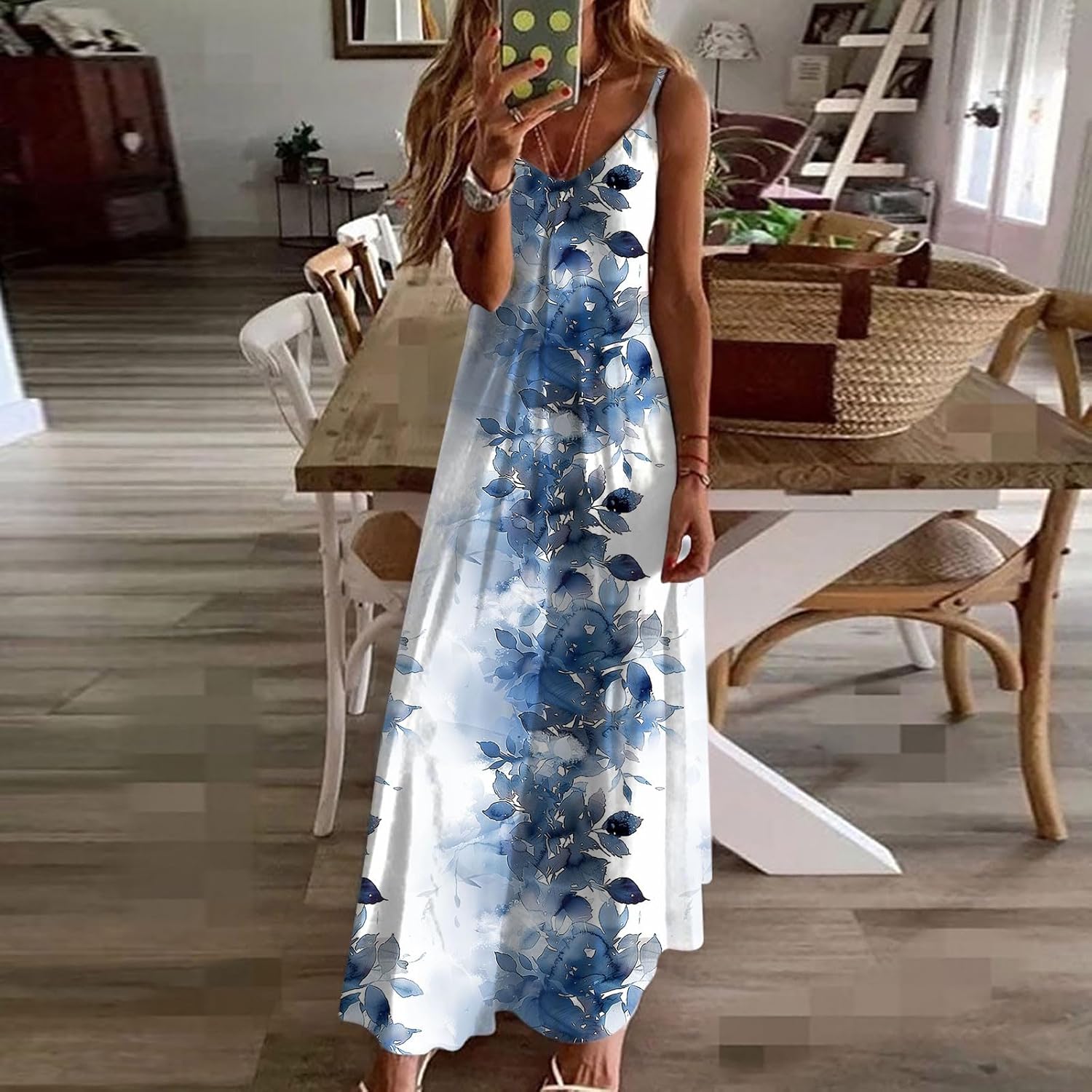 Womens Floral Maxi Dresses Spaghetti Strap Casual Summer Long Dress Vneck Flowy Boho Beach Sundress Vacation Outfits