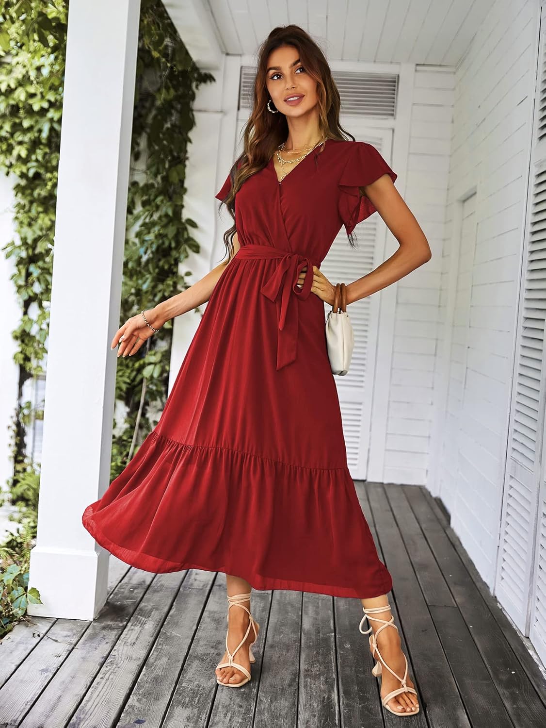 PRETTYGARDEN Women's Summer Floral Boho Dress Wrap V Neck Short Sleeve Ruffle A-Line Flowy Maxi Wedding Guest Dresses