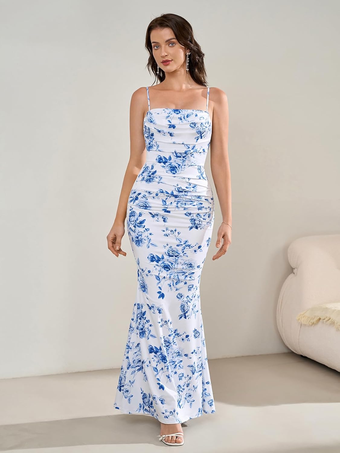 EYNMIN Women's Sleeveless Bodycon Corset Maxi Dress Spaghetti Strap Ruched Elegant Evening Wedding Guest Long Formal Dresses
