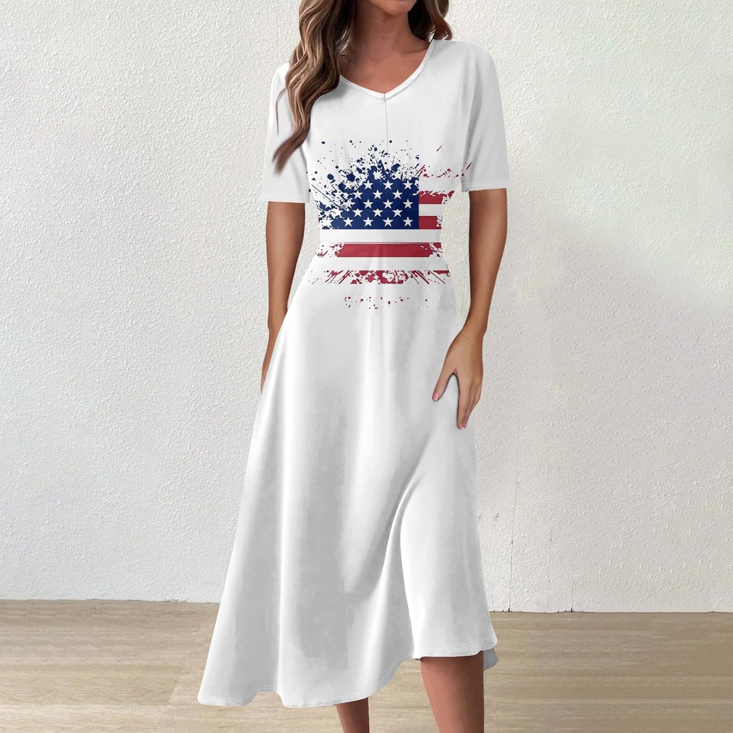 Women's Patriotic Star Print Midi Short Sleeve V-Neck Casual A-Line Dress for Summer Parties & Events