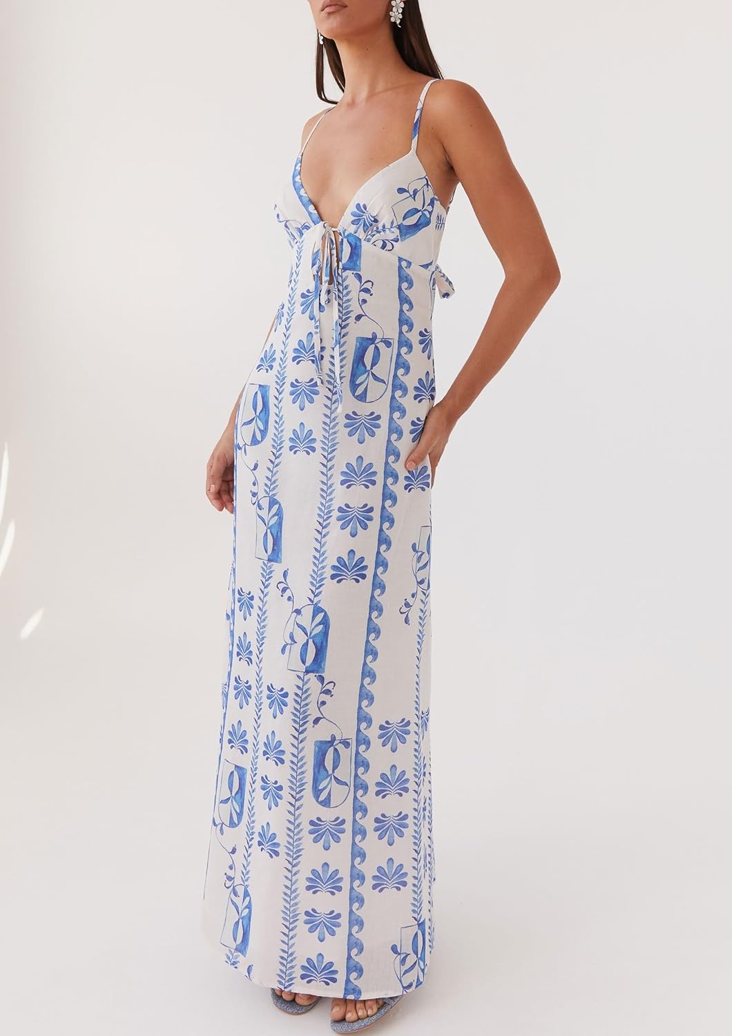 Luckinbaby Women Y2k Spaghetti Strap Maxi Dress V Neck Tie Front Cutout Long Cami Dress Backless Party Wedding Dress