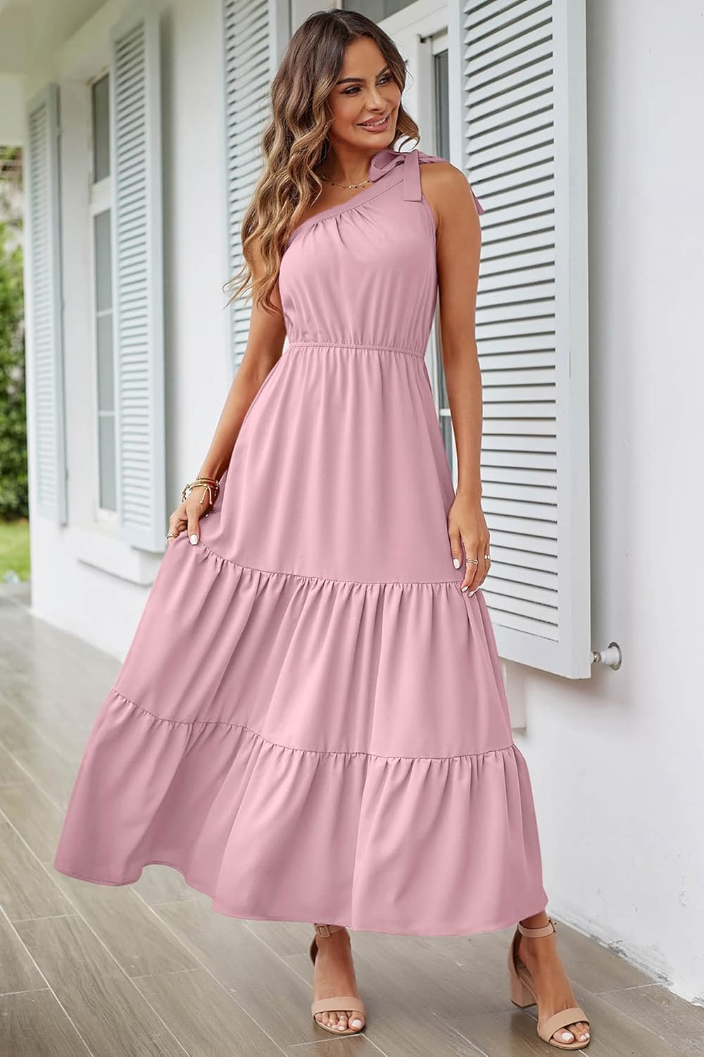 PRETTYGARDEN Women's Summer Floral Maxi Dress Knot One Shoulder Sleeveless Ruffle Flowy Boho Beach Wedding Guest Dresses