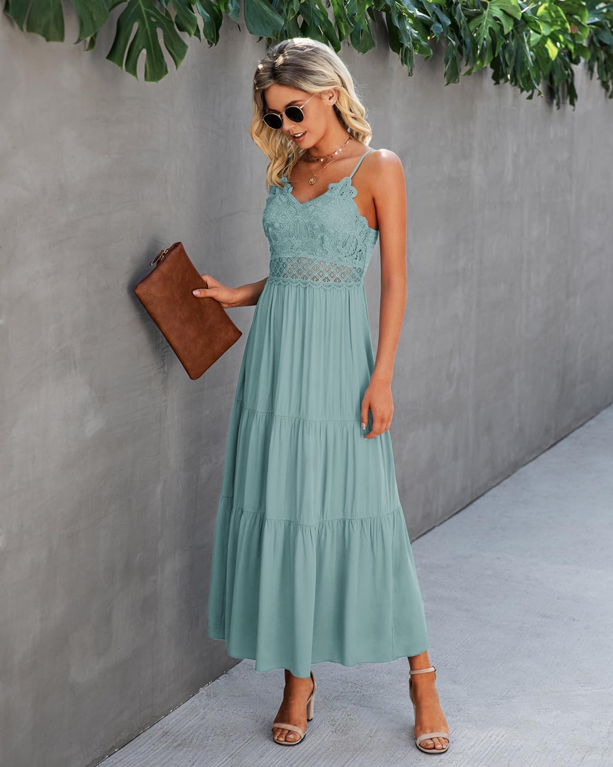 Dokuritu Women's Beach Crochet Lace Maxi Dress Solid Color Summer Vacation Spaghetti Strap Long Dress 2024
