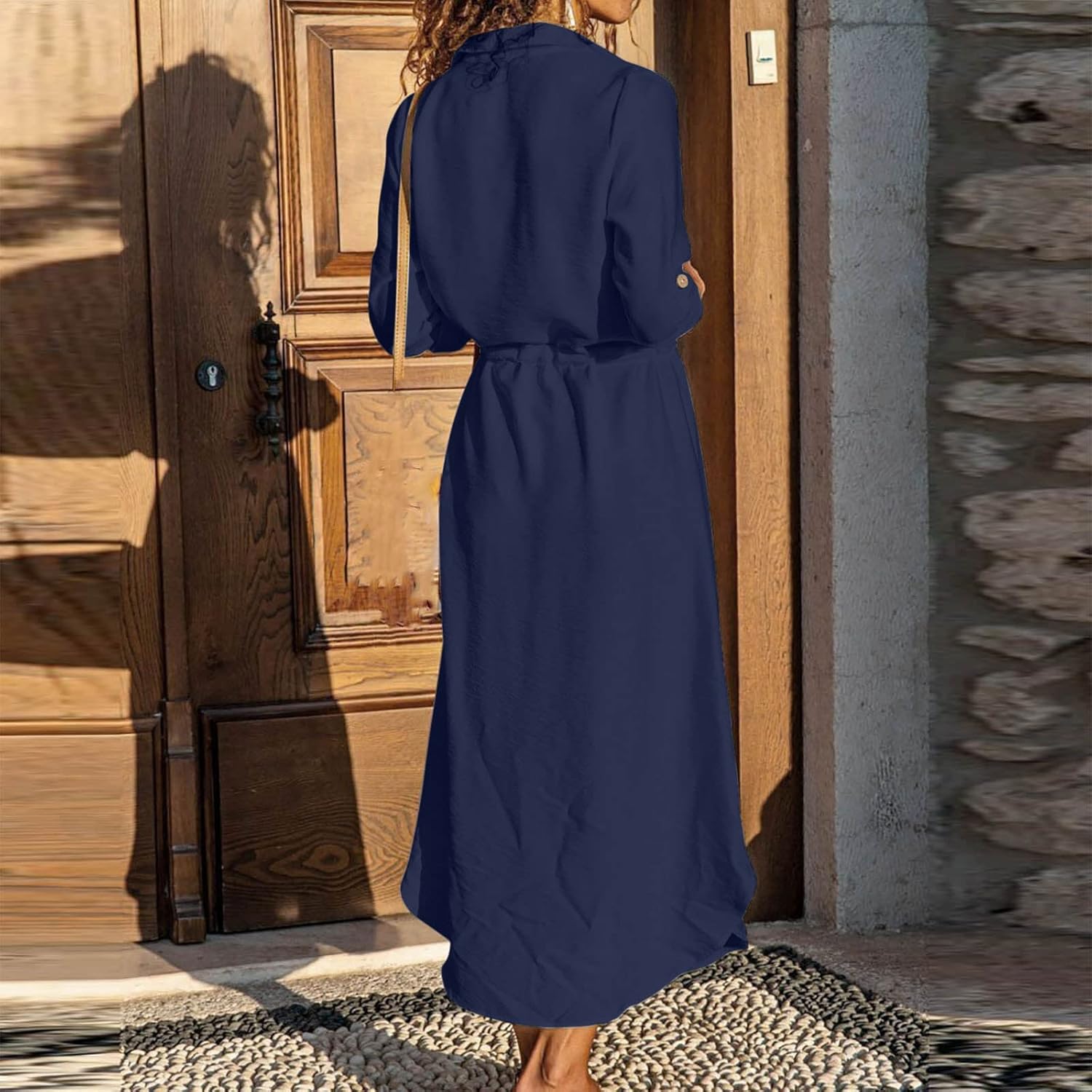 Women's Maxi Shirt Dresses Solid Cotton Linen Button Lapel Long Sleeves Summer Irregular Hem Daily Casual Sundress
