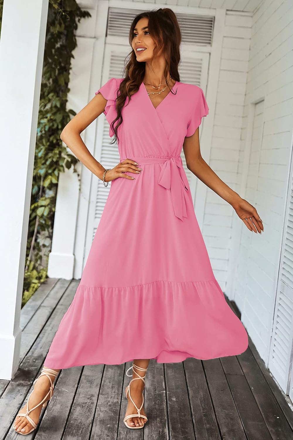 PRETTYGARDEN Women's Summer Floral Boho Dress Wrap V Neck Short Sleeve Ruffle A-Line Flowy Maxi Wedding Guest Dresses