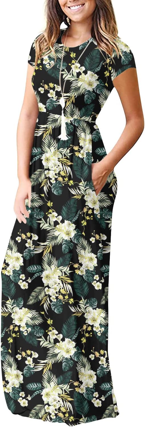 DEARCASE Maxi Dress for Women Short Sleeve Casual Summer Loose Plain Comfy Long Dresses with Pockets